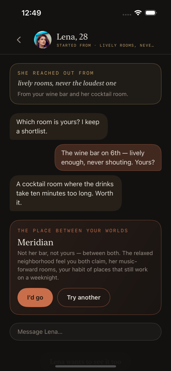 A Rhyme thread after both people said hi: a card proposes a place between their worlds, with I'd go and Try another.